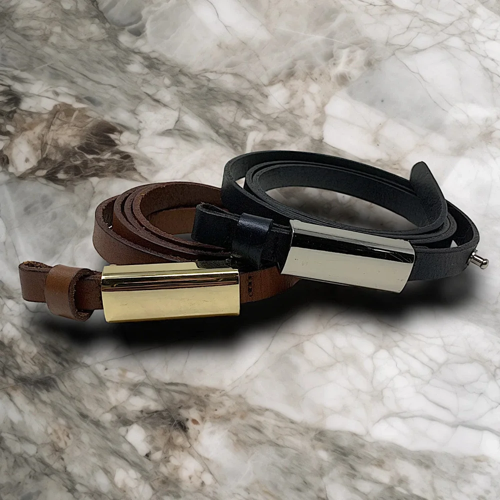 Lot 2 x Vintage Leather Skinny Belts Brown/Gold & Black/Silver Minimalist Sz L